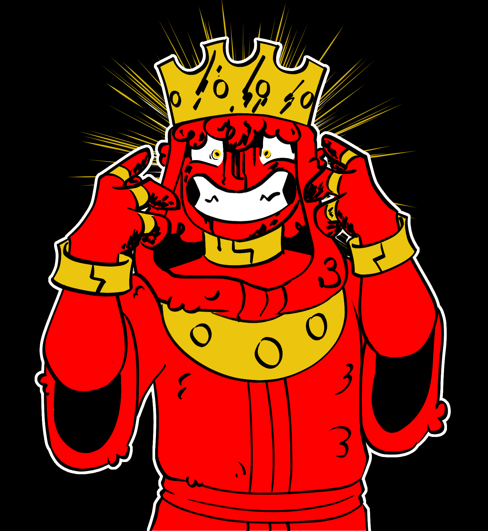 A drawing in red and gold of a person wearing a king's robe and crown, covered in tarnish marks around their face and hands. They are holding their heads to the sides of their head, pointing to the crown with a crazed expression. Sun rays surround their head like a halo.